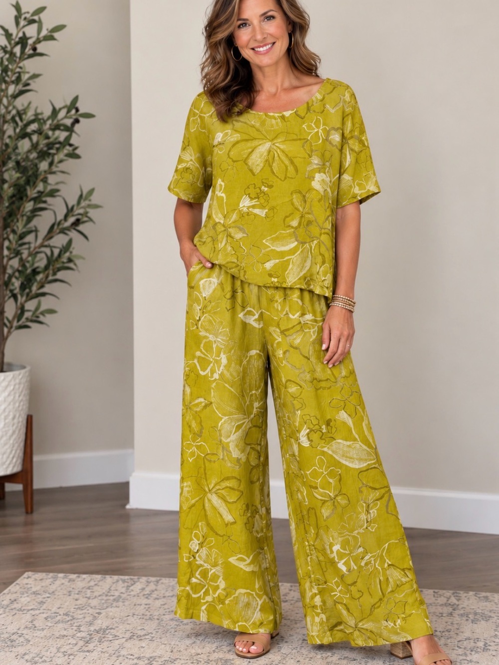 New Collection, Made in Italy Yellow Floral Linen Two Piece Top & Pants Size XL